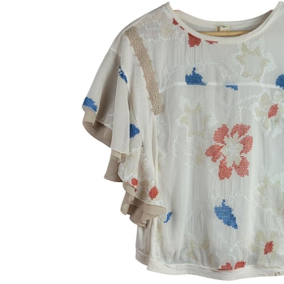 Anthropologie Tiny Boho Embroidered Top Cream Medium Cross Stitch Floral Flutter - Picture 3 of 8